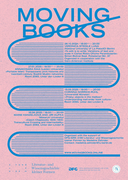 Pink and blue poster announcing talks in lecture series "Moving Books"